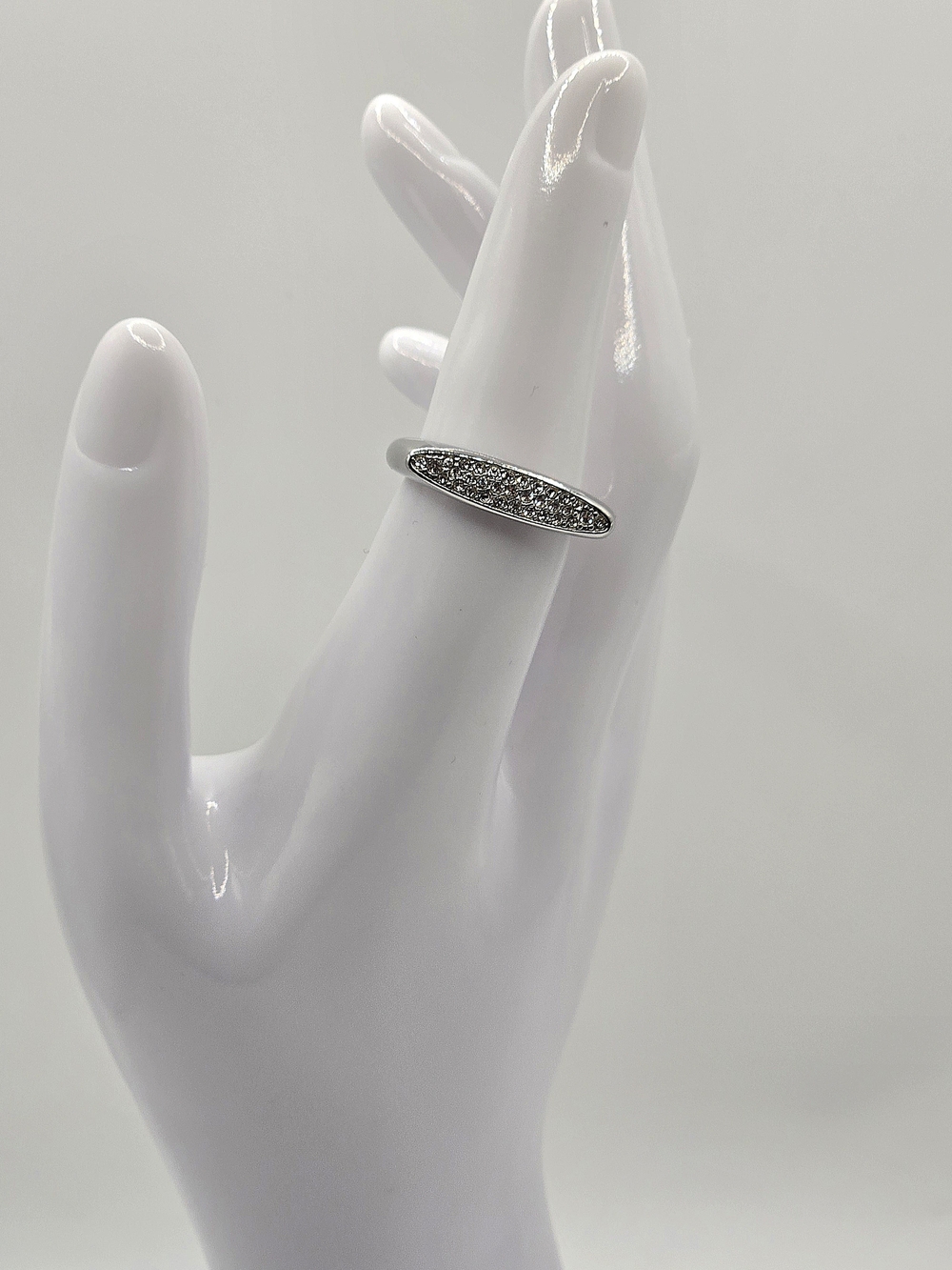 Silver Pavé Oval Bar Ring - White Crystal Accent